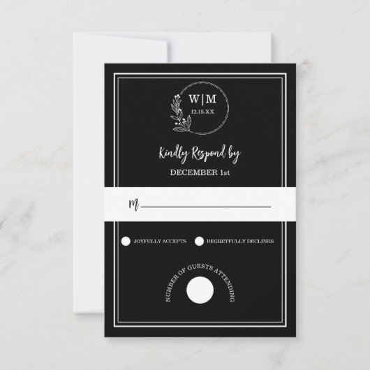 Elegante zwarte lijntekening monogram trouwfeest RSVP kaartje (Voorkant)