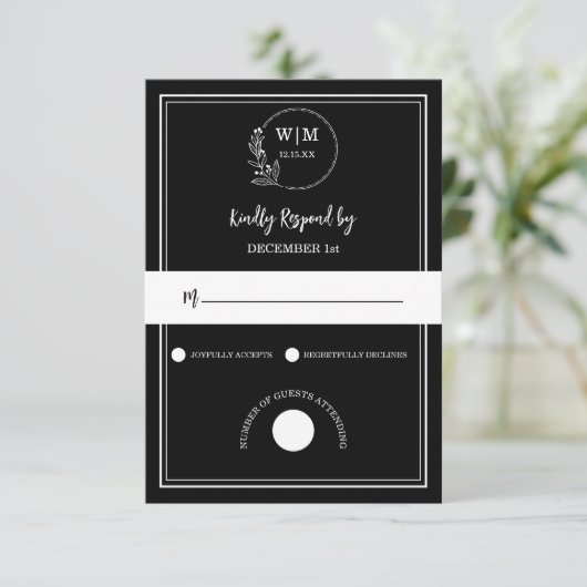 Elegante zwarte lijntekening monogram trouwfeest RSVP kaartje (Staand voorkant)