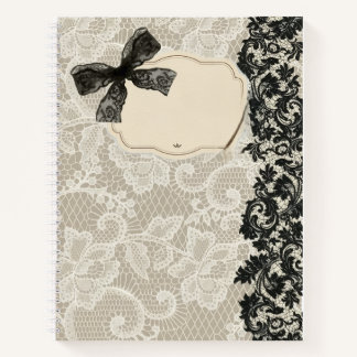 Elegante Zwarte Lint Boog & Bloemendamask Rand Notitieboek