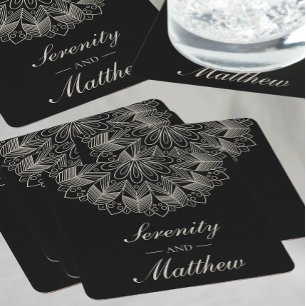 Elegante Zwarte Mandala Boho Chic Indiase Bruiloft Kartonnen Onderzetters