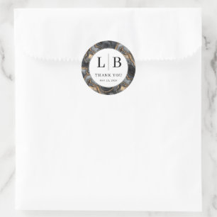 Elegante Zwarte Marmeren Initialen Ronde Sticker