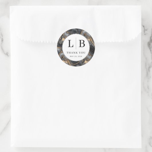 Elegante Zwarte Marmeren Initialen Ronde Sticker (Tas)