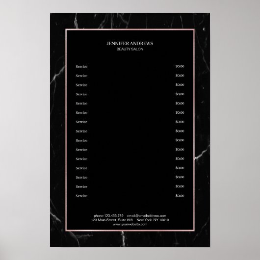 Elegante zwarte marmeren roze gouden prijstlijst poster (Voorkant)