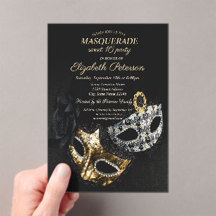 Elegante Zwarte Maskerade, Masker Sweet 16 Acryl Uitnodigingen