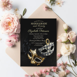 Elegante Zwarte Maskerade, Masker Sweet 16 Uitnodiging Briefkaart