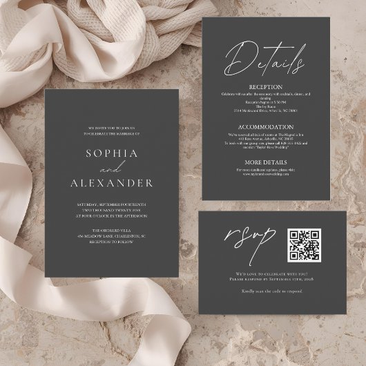 Elegante zwarte minimalistische bruiloft modern kaart