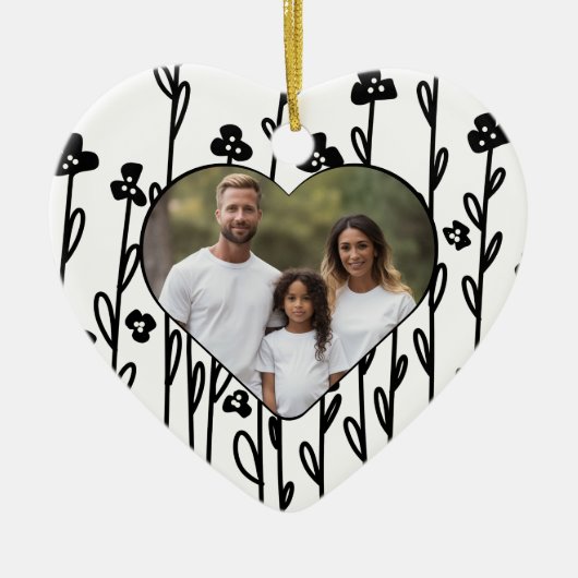 Elegante zwarte minimalistische doodle floral keramisch ornament (Voorkant)