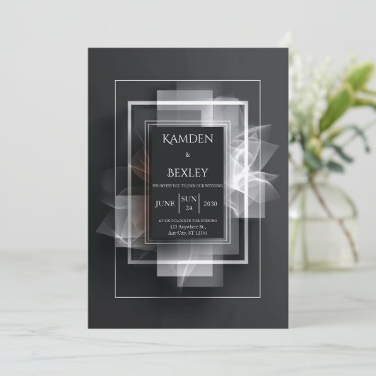 Elegante zwarte minimalistische geometrische bruil kaart (Staand voorkant)