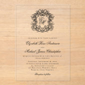 Elegante zwarte monogram crest bruiloft acryl uitnodigingen (Voorkant)