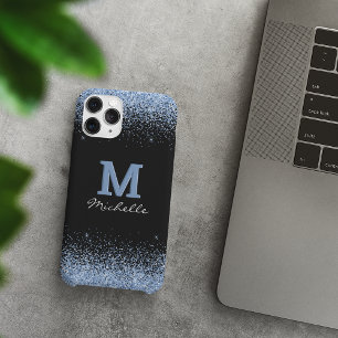 Elegante Zwarte Monogram Lichtblauwe Glitters Case-Mate iPhone Case