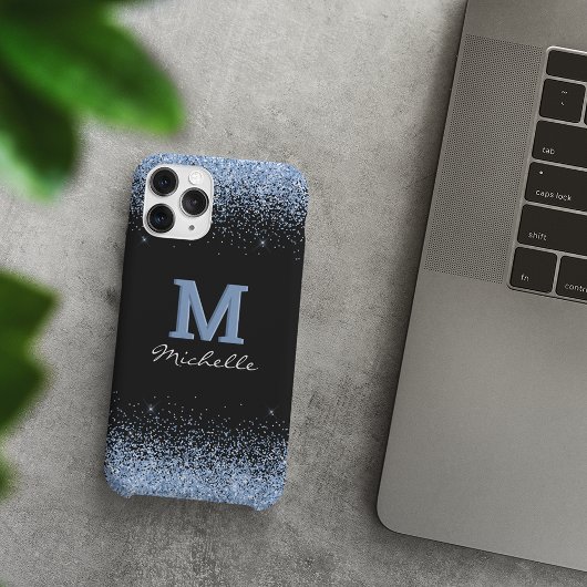 Elegante Zwarte Monogram Lichtblauwe Glitters Case-Mate iPhone Case