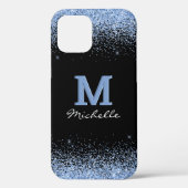 Elegante Zwarte Monogram Lichtblauwe Glitters Case-Mate iPhone Case (Achterkant)
