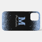 Elegante Zwarte Monogram Lichtblauwe Glitters Case-Mate iPhone Case (Achterkant (horizontaal))