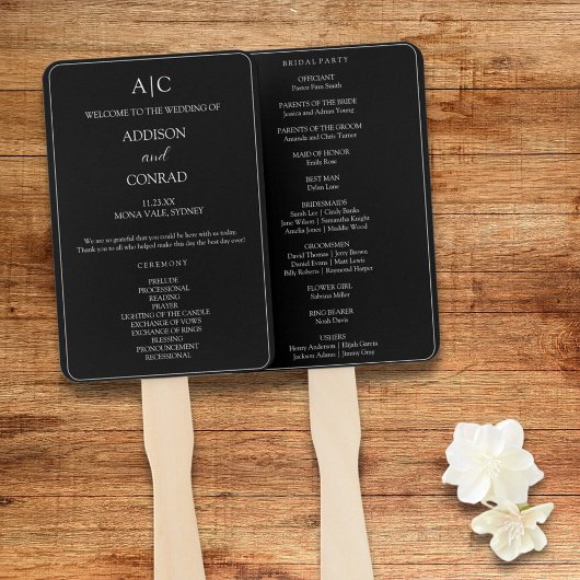 Elegante zwarte monogram trouwprogramma handwaaier