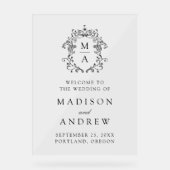 Elegante Zwarte Monogram Wapen Trouw Welkom Acryl Bord (Voorkant)