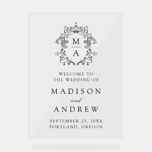 Elegante Zwarte Monogram Wapen Trouw Welkom Acryl Bord (Voorkant)