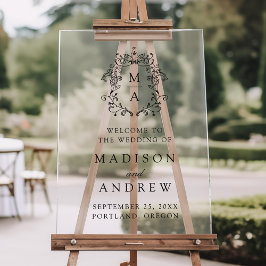 Elegante Zwarte Monogram Wapen Trouw Welkom Acryl Bord