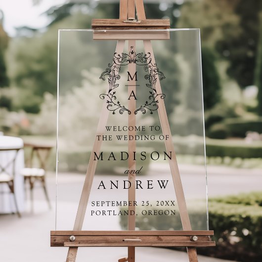 Elegante Zwarte Monogram Wapen Trouw Welkom Acryl Bord