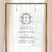 Elegante Zwarte Monogram Wapen Trouw Welkom Acryl Bord