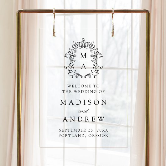 Elegante Zwarte Monogram Wapen Trouw Welkom Acryl Bord