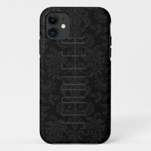 Elegante zwarte monotonen bloemige damast-monogram iPhone 11 hoesje