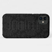 Elegante zwarte monotonen bloemige damast-monogram Case-Mate iPhone case (Achterkant (horizontaal))