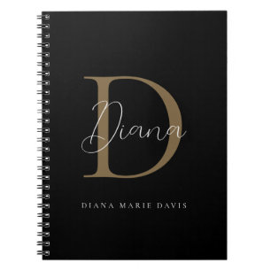Elegante Zwarte Mosgroene Gouden Script Monogram Notitieboek