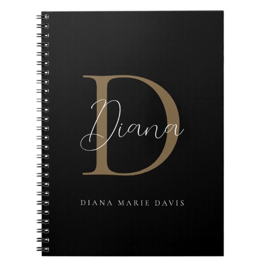 Elegante Zwarte Mosgroene Gouden Script Monogram Notitieboek (Voorkant)