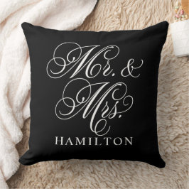 Elegante Zwarte Mr en Mrs Script Bruiloft Kussen