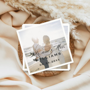 Elegante Zwarte Mr en Mrs Script Foto Bruiloft Servet