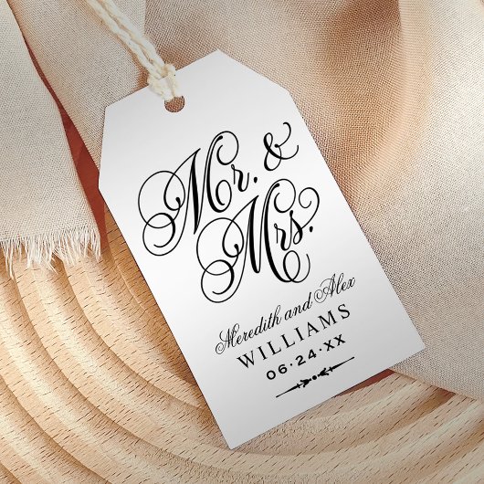 Elegante zwarte Mr en Mrs-script trouwgunst Cadeaulabel