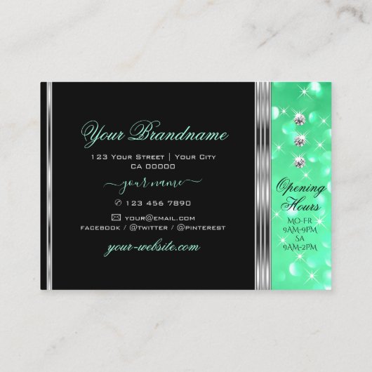 Elegante zwarte munt groen glitter diamanten zilve visitekaartje (Achterkant)