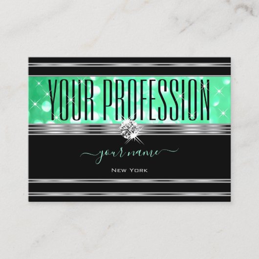 Elegante zwarte munt groen glitter diamanten zilve visitekaartje (Voorkant)