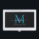 Elegante Zwarte Oceaan Blauw Monogram Script Naam Visitekaarthouder<br><div class="desc">Elegant Zwart Helder Oceaan Blauw Monogram Girly Script Naam Business Card Case</div>