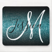 Elegante zwarte ombre turquoise glitters monogram muismat (Voorkant)
