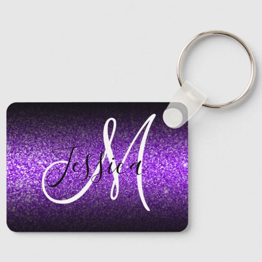 Elegante Zwarte Ombre Violette Nep Glitter Monogra Sleutelhanger (Voorkant)