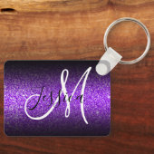 Elegante Zwarte Ombre Violette Nep Glitter Monogra Sleutelhanger (Voorkant)