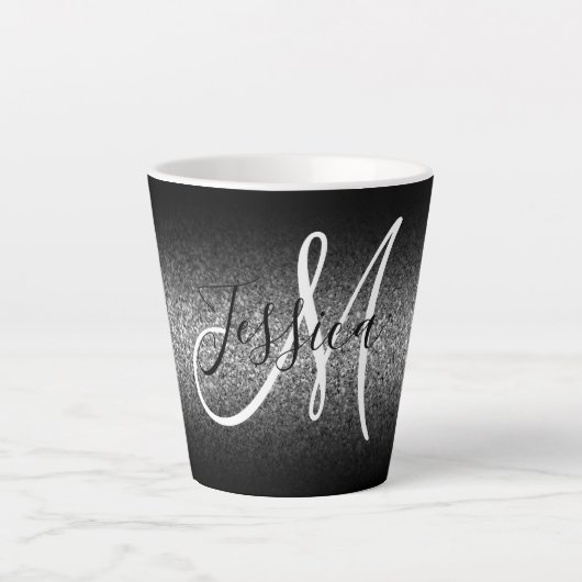 Elegante Zwarte Ombre Zilveren Glitter Monogram Latte Mok (Voorkant)