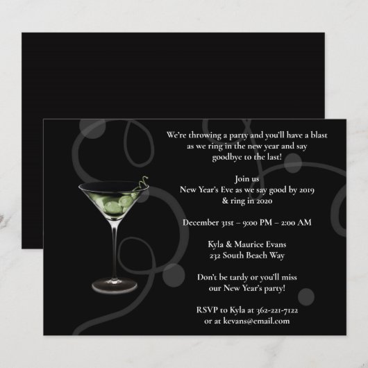 Elegante zwarte oudejaarsfeest kaart (Voorkant / Achterkant)