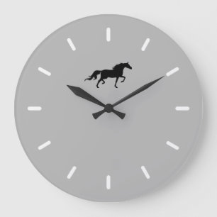 Elegante Zwarte Paard Silhouet op Zilver Grijs Grote Klok