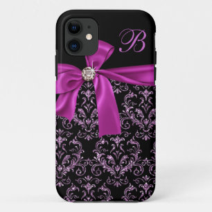 Elegante Zwarte Paarse Damast Diamanten Boog Monog Case-Mate iPhone Case