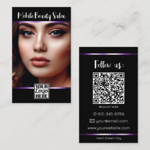 Elegante Zwarte Paarse Decoratie Lijn Logo Foto QR Visitekaartje