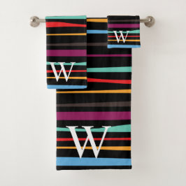 Elegante zwarte paarse en gele strepen monogram bad handdoek