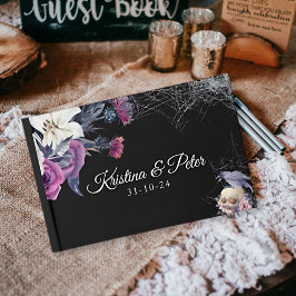 Elegante Zwarte Paarse Gotische Bloemenskelet Brui Gastenboek