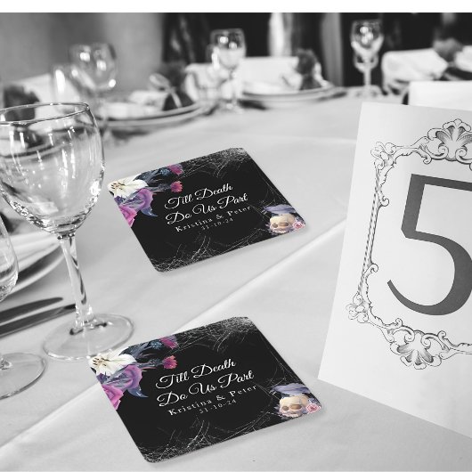 Elegante Zwarte Paarse Gotische Bloemenskelet Brui Kartonnen Onderzetters