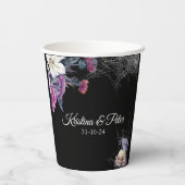 Elegante Zwarte Paarse Gotische Bloemenskelet Brui Papieren Bekers (Achterkant)