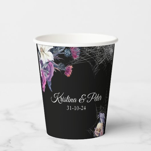 Elegante Zwarte Paarse Gotische Bloemenskelet Brui Papieren Bekers (Achterkant)