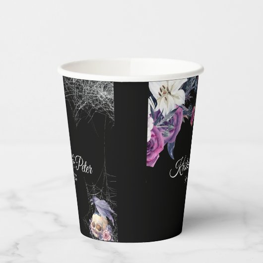 Elegante Zwarte Paarse Gotische Bloemenskelet Brui Papieren Bekers (Links)