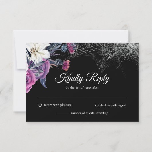 Elegante Zwarte Paarse Gotische Bloemenskelet Brui RSVP Kaartje (Voorkant)