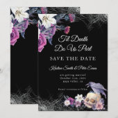 Elegante Zwarte Paarse Gotische Bloemenskelet Brui Save The Date (Voorkant / Achterkant)